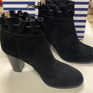 Crown & Ivy Black Suede Boots, back zipper with tie